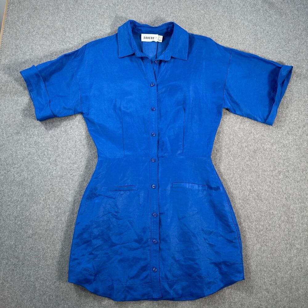Sovere Faraway Shirt Dress Mini Women's Medium Short Sleeve Blue Button Front